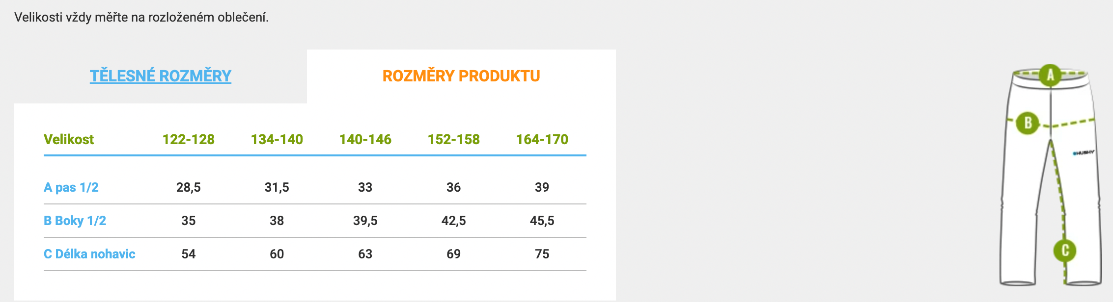 velikostni tabulka detskych kalhot Husky Klass